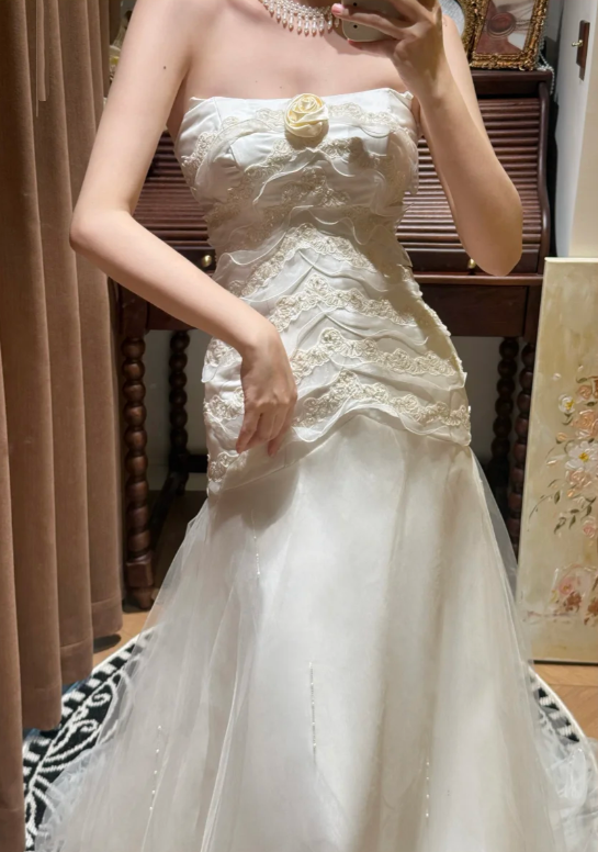 Classy Strapless White Satin Beaded Tulle Mermaid Long Evening Dress Formal Birthday Party Gowns