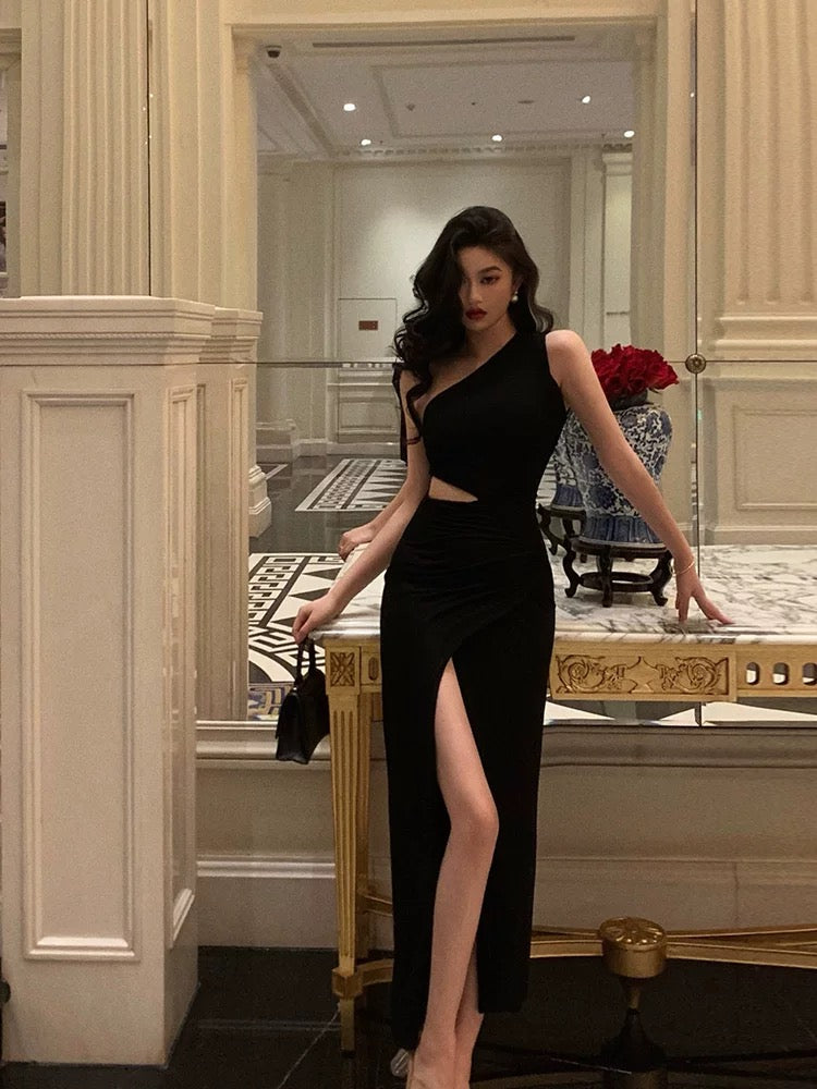 Sexy Sheath One Shoulder Black Slit Long Prom Dresses Evening Dress