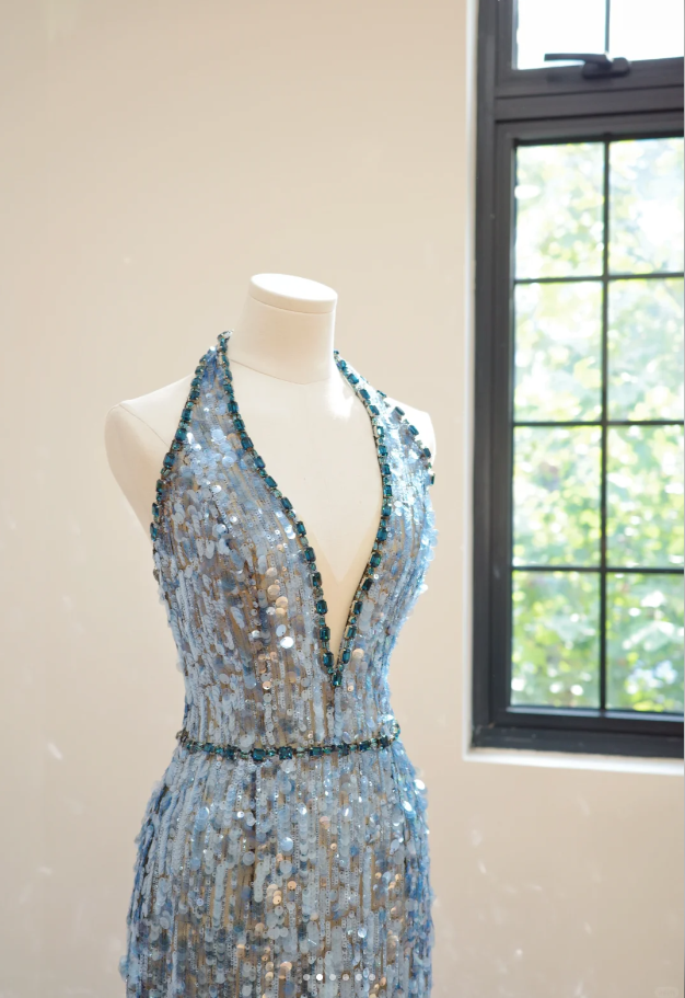 Gorgeous Halter Deep V Blue Sequin Beaded mermaid Long Party Dress Evening Dress