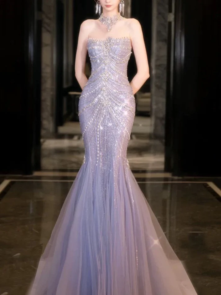 Luxury Lilac Mermaid Strapless Tulle Beaded Long Prom Dress,Evening Dress