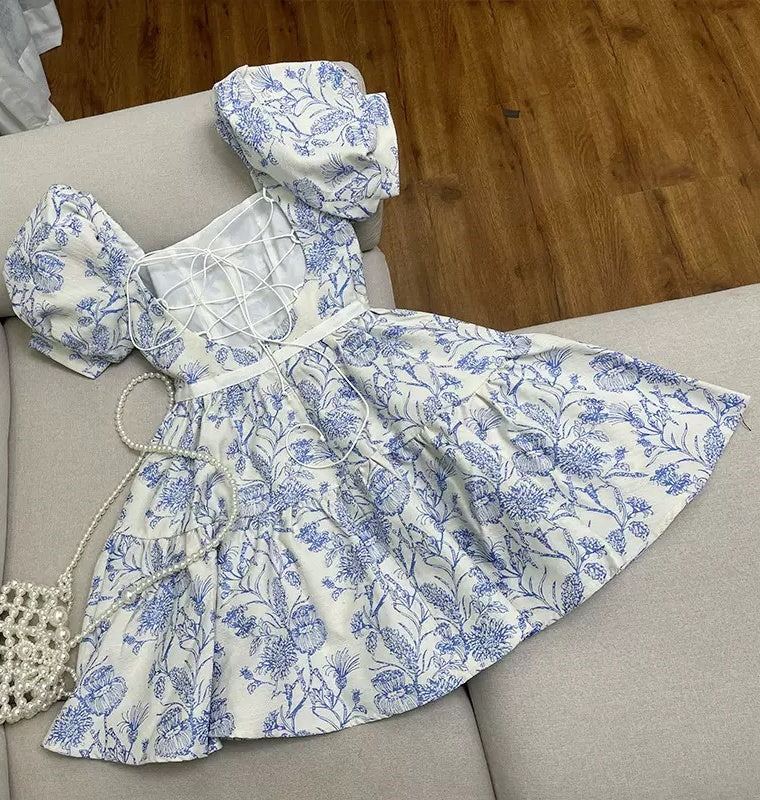 Chic Blue Satin Print Floral A Line Short Prom Dress Homecoming Dress
