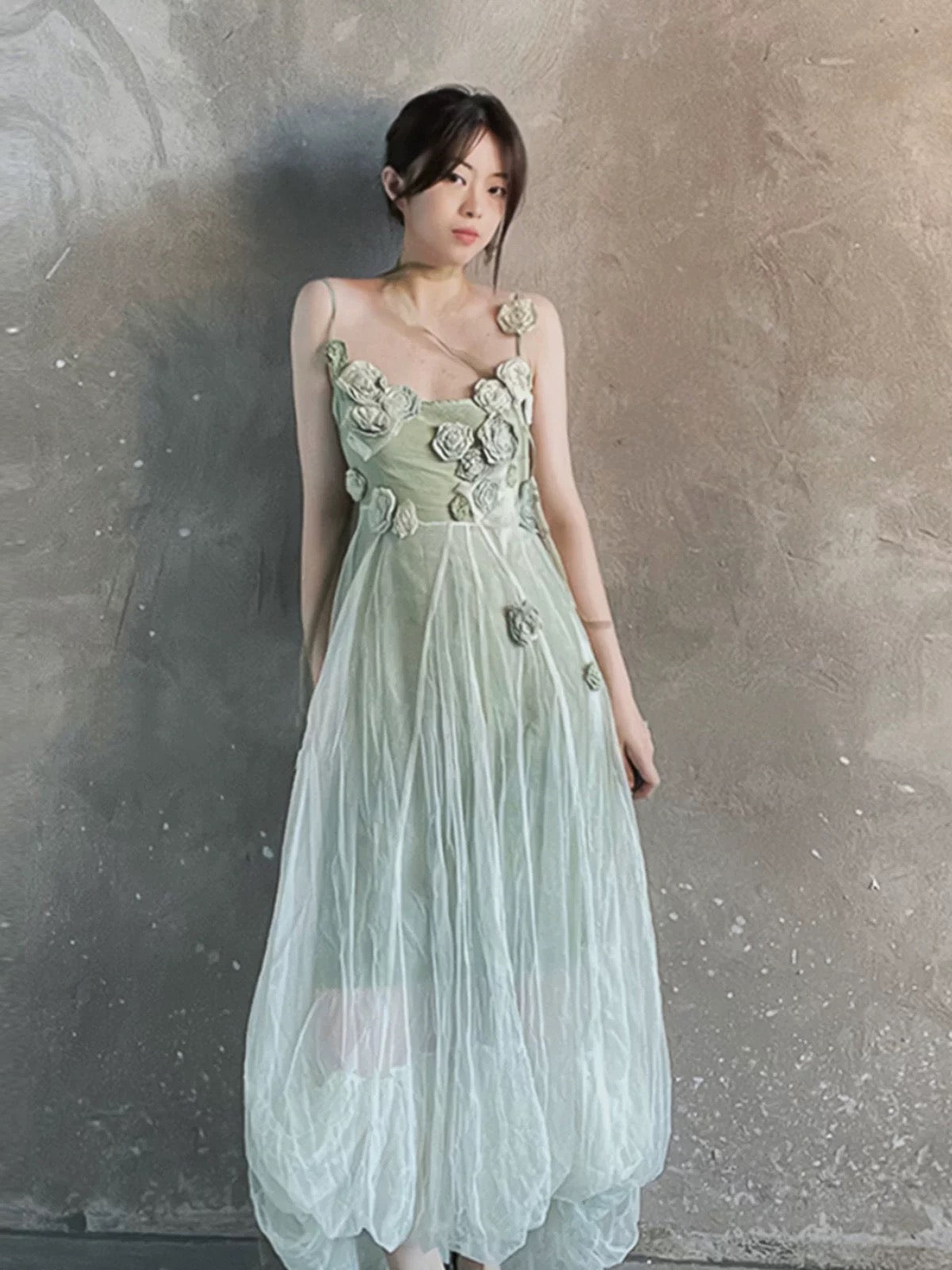 Modest A line Spaghetti Straps Floral Green Prom Dresses Birthday Dress For Women
