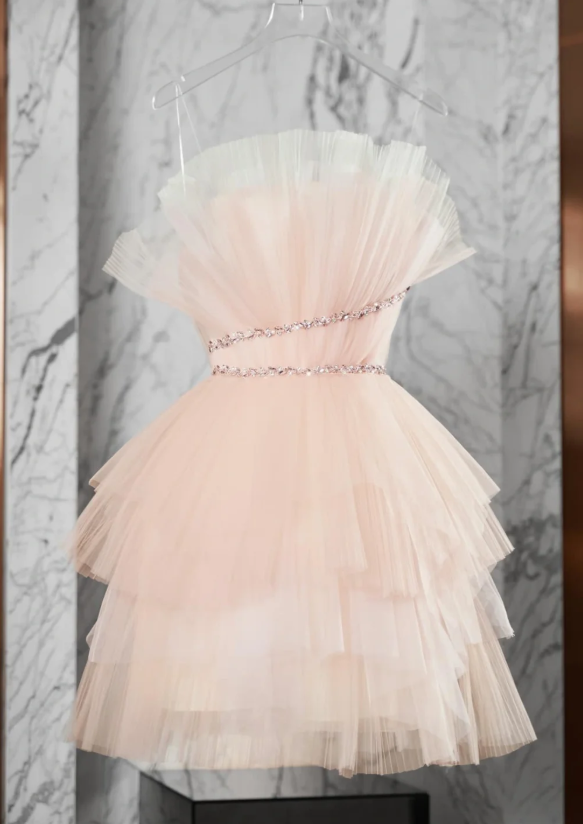 Simple Strapless Tulle Beaded Homecoming Dress Light Pink Cocktail Dress