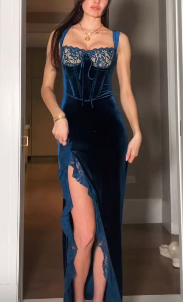 Classy Blue Velvet Lace Ruffles High Slit Long Party Dress Formal Wedding Guest Dress