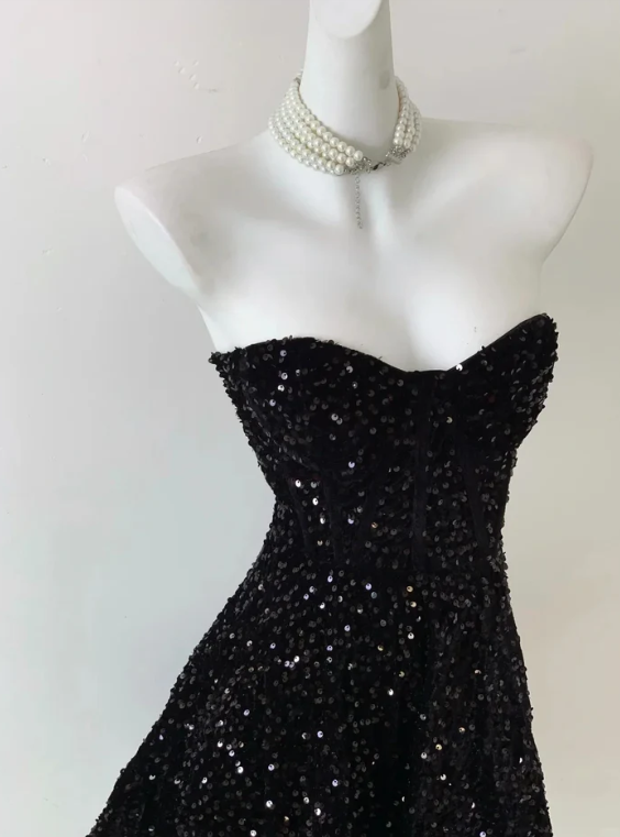 Charming A Line Strapless Sequin Homecoming Dress Black Short Graduation Dress 18th Birthday Party Dress