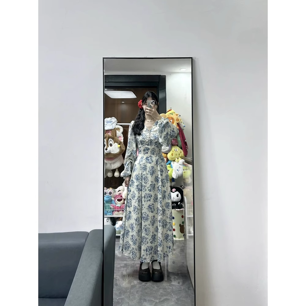 French Retro A Line V Neckline Long Sleeves Chiffon Ankle length Prom Dresses Birthday Outfits