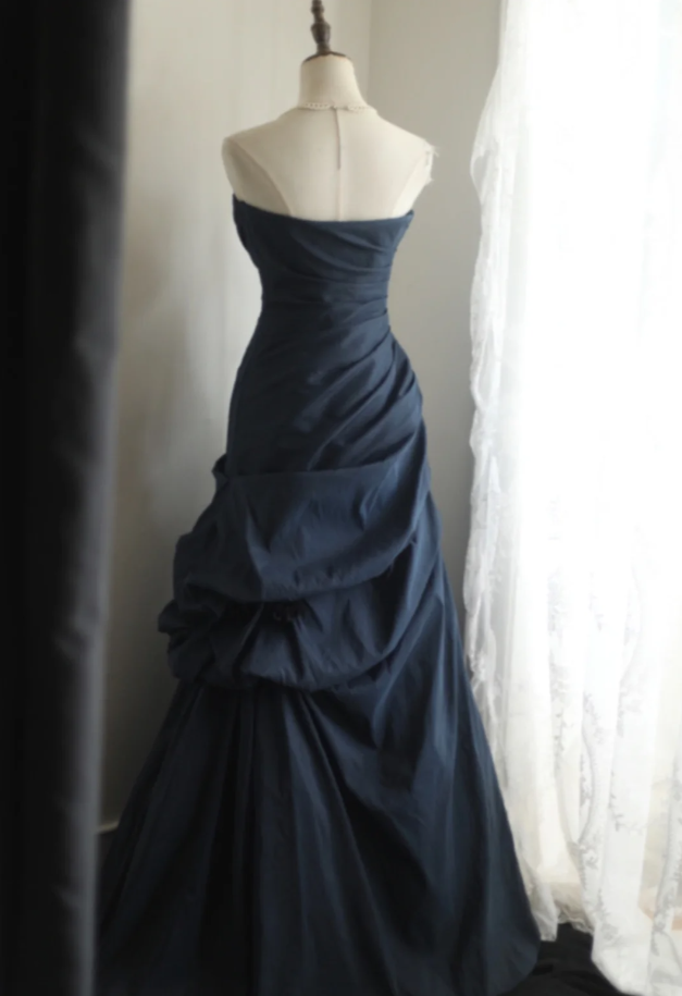 Vintage Navy Blue Strapless Satin Pleated Mermaid Long Evening Dress Birthday Prom Dress