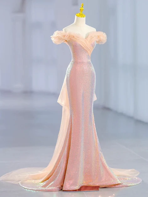 Classy Pink Sequins Off Shoulder Mermaid Party Dress Long Prom Evening Gown