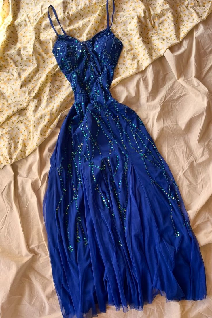 Chic Royal Blue Spaghetti Straps Chiffon Sequin Long Wedding Guest Dress Formal Prom Dress Party Dress
