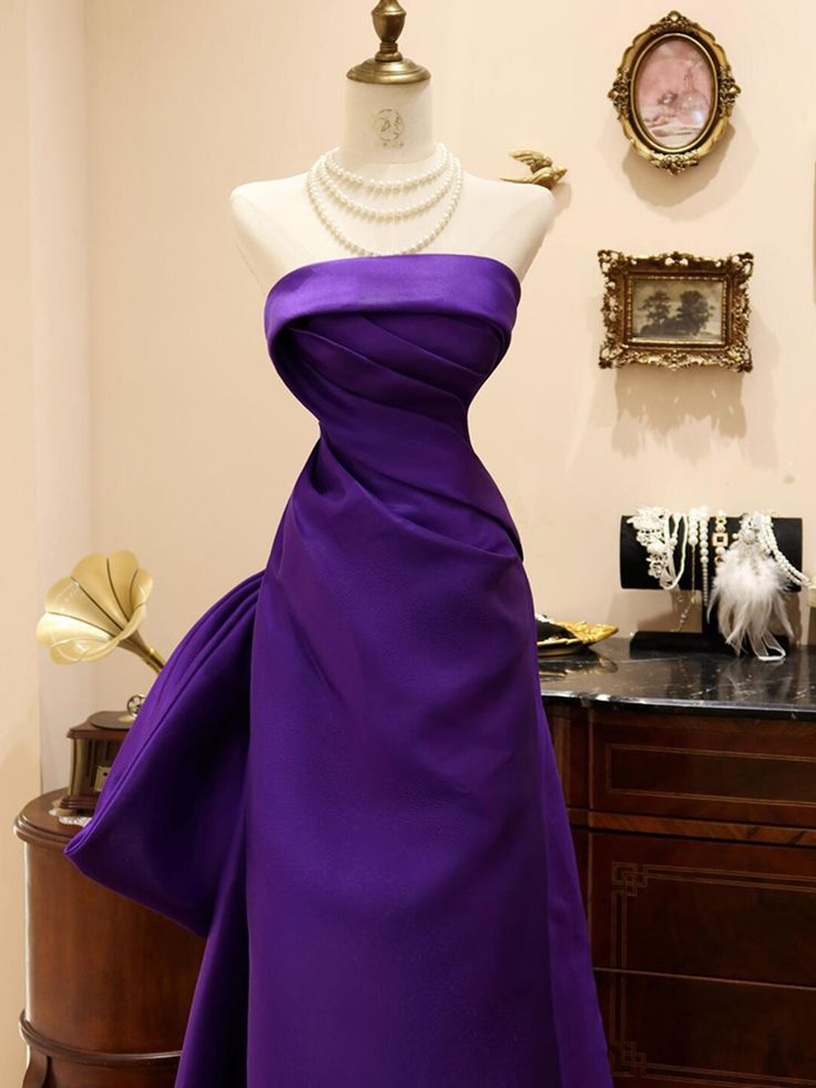 Stylish Purple Satin Strapless Pleated Mermaid Prom Dress Long Evening Dress With Bow