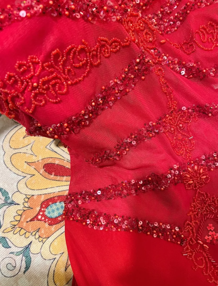 Charming Spaghetti Straps Red Chiffon Beaded Mermaid Long Party Dress Prom Gown