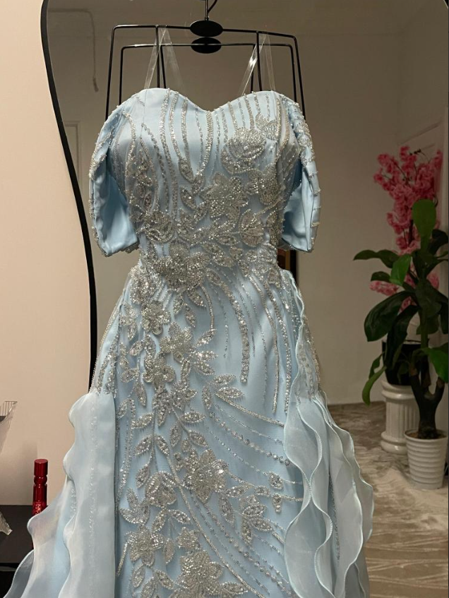 Glamorous Off The Shoulder Blue Satin Sequin Beaded Mermaid Evening Dress Long Prom Gown With Ruffles