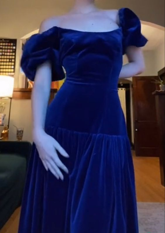 Elegant Blue Velvet Evening Dress,Blue Formal Gown