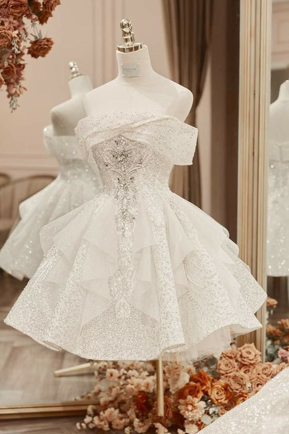 Glitter White Tulle Sequin A Line Short Cocktail Dress Homecoming Dress 18th Birthday Outfits