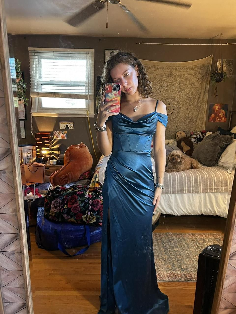 Elegant Spaghetti Straps Blue Satin Pleated Mermaid Evening Dress Long Wedding Guest Dress