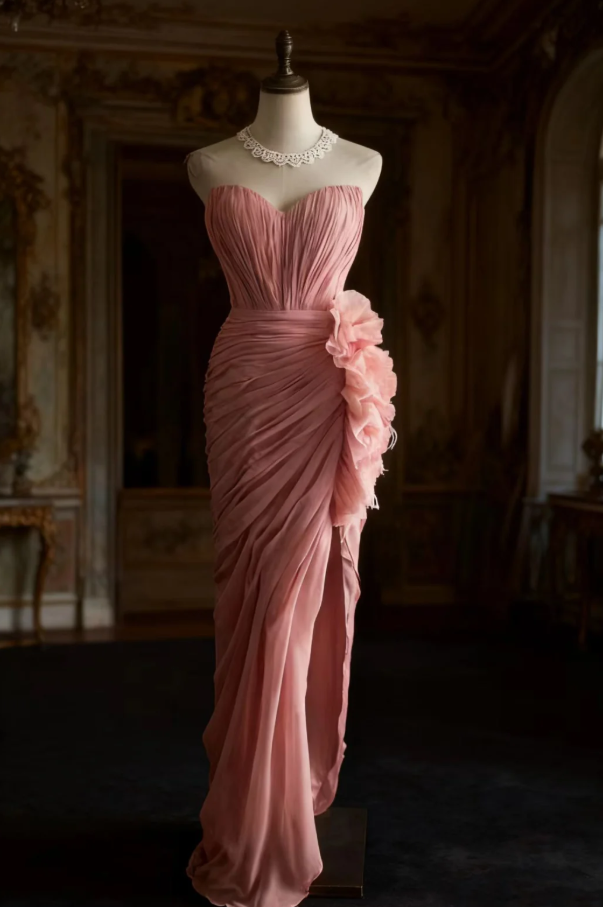 Pretty Pink Strapless Chiffon Pleated Slit Long Party Dress Evening Dress