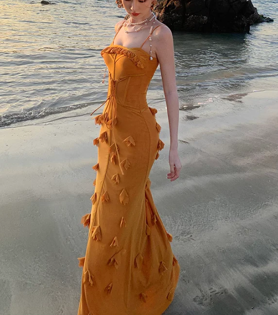 Unique Orange Mermaid Evening Gown Spaghetti Strap 3D Flower Long Prom Dress