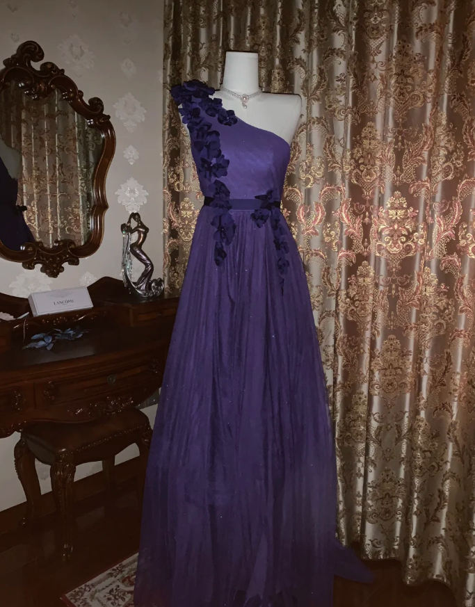 Elegant Purple One Shoulder Tulle Appliques A Line Wedding Guest Dress Long Party Dress