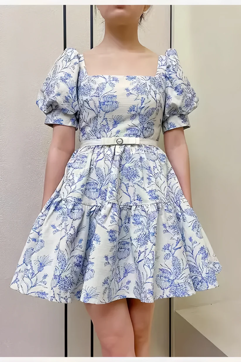 Chic Blue Satin Print Floral A Line Short Prom Dress Homecoming Dress