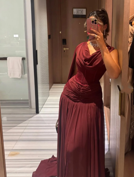 Classy Burgundy Chiffon Slit Mermaid Long Wedding Guest Dress Birthday Evening Dress