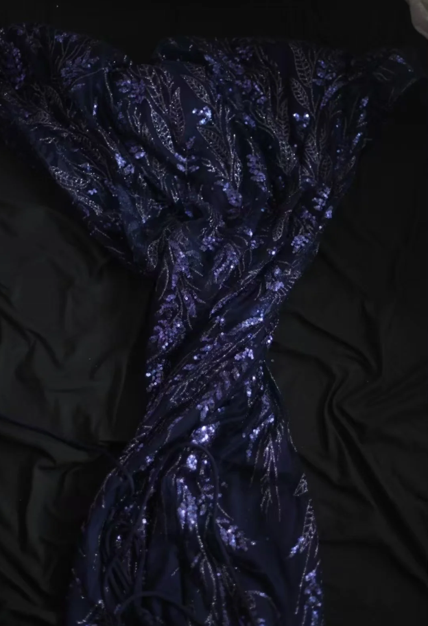 Luxurious Spaghetti Straps Tulle Sequin Mermaid Long Party Dress Navy Blue Evening Dress
