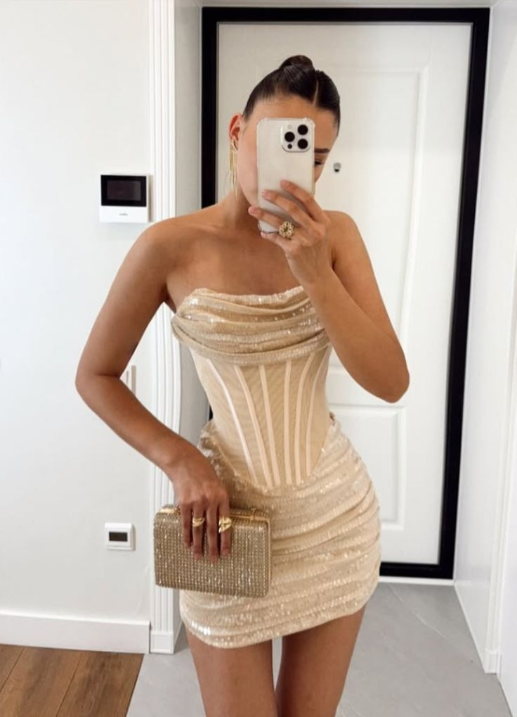 Light Champagne Sheath Strapless Corset Tulle Sequin Short Homecoming Dress Cocktail Dress