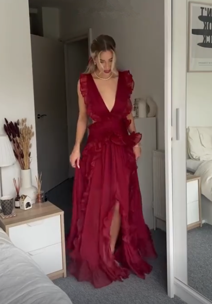 Sexy Burgundy Deep V Neck Chiffon Ruffles Slit Party Dress Long Prom Evening Dress