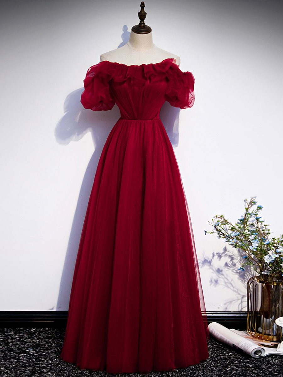 Simple burgundy tulle long prom dress burgundy evening dress