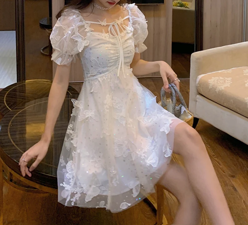 Butterfly White Summer Dress, White Homecoming Dress, Bohemian Summer Beach Sundress