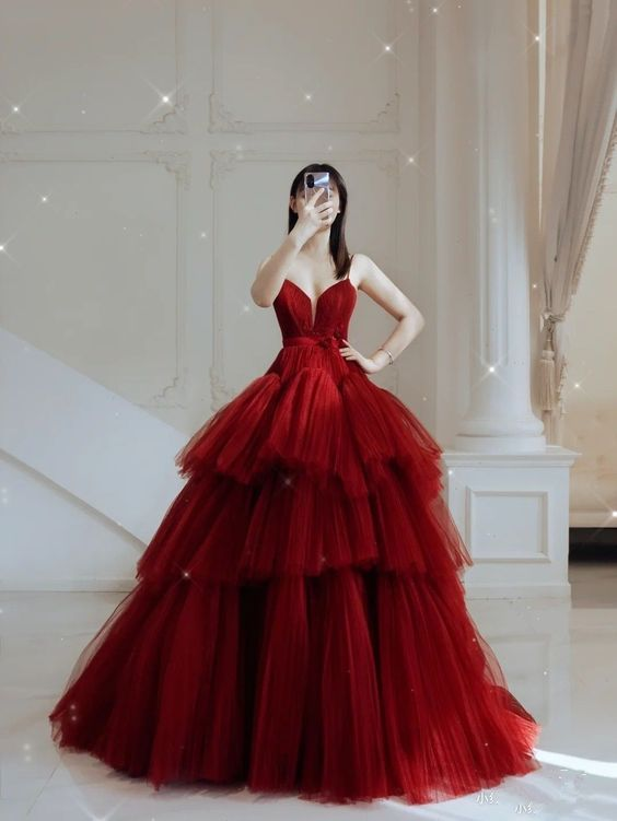 A-line Red Multi Tulle Prom Dress,Red Princess Dress