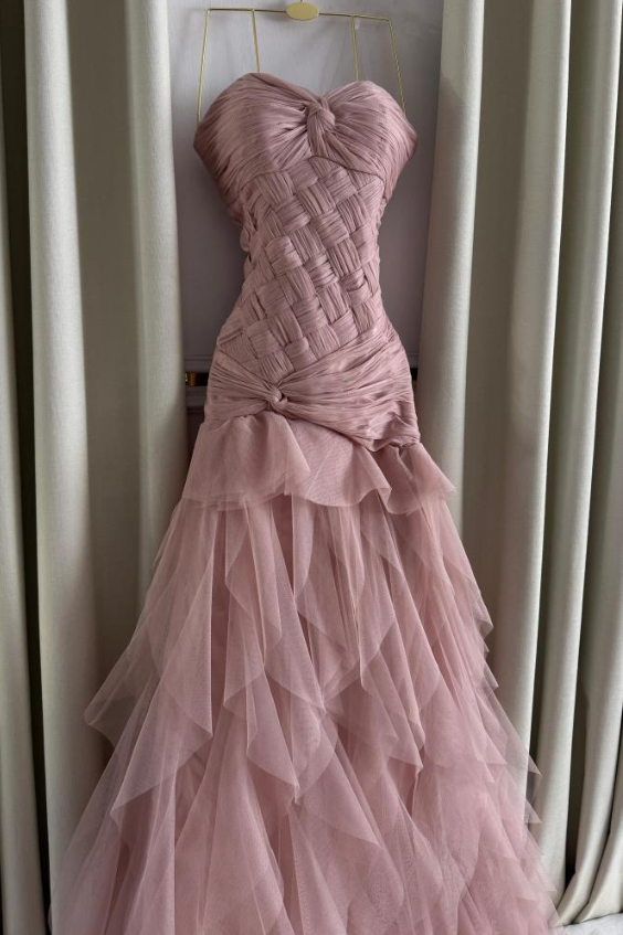 Pretty Pink Strapless Tulle Pleated Mermaid Evening Dress Long Birthday Party Dress