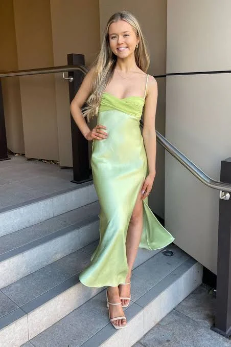 Chic Sage Green Straps Party Dress Slit Prom Evening Dress