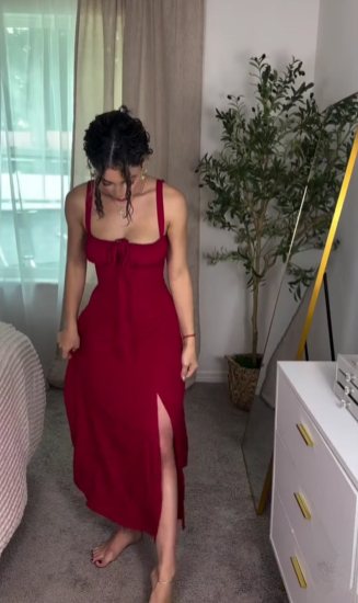 Elegant Burgundy Satin Slit Party Dress,A Line Slit Sleeveless Evening Dress
