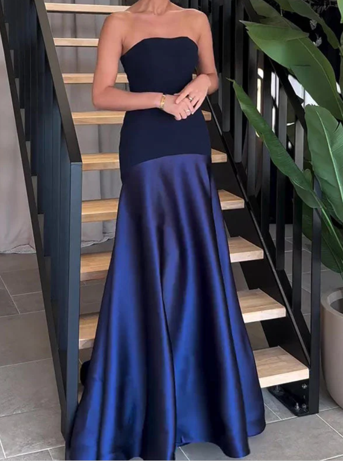 Sexy Strapless Navy Blue Long Prom Dress Formal A Line Evening Dress