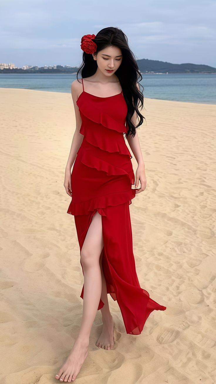 Pretty Hot Pink Ruffles Long Party Dress Chiffon Slit Prom Evenign Dress