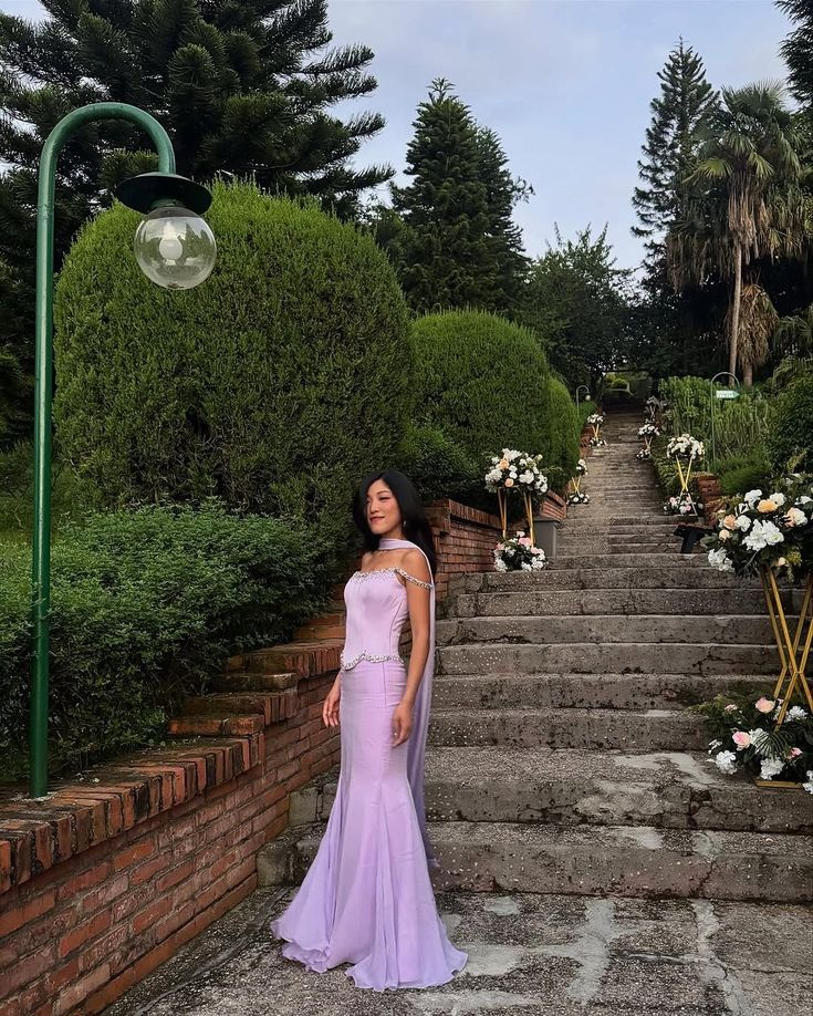 Classy Purple Satin Chiffon Beaded Mermaid Long Party Dress Formal Evening Dress With Ribbon