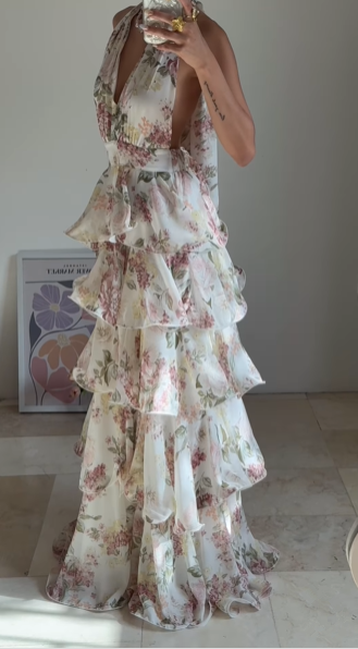 Gorgeous Halter Chiffon Print Floral Layered Evening Dress,Back A Line Prom Party Dress