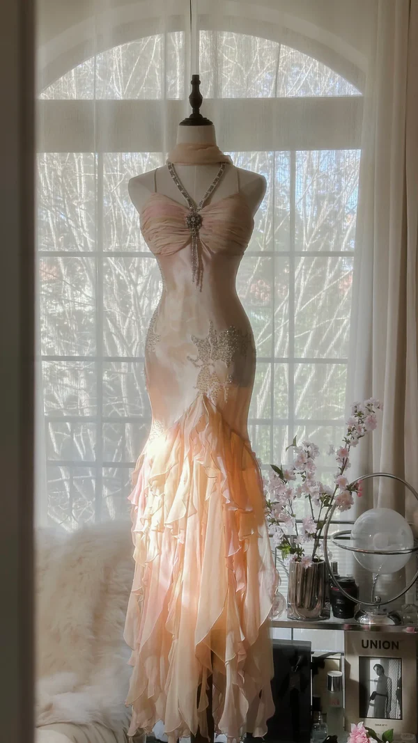 Charming Mermaid Beaded Ruffles Prom Dress,Chiffon Evening Dress