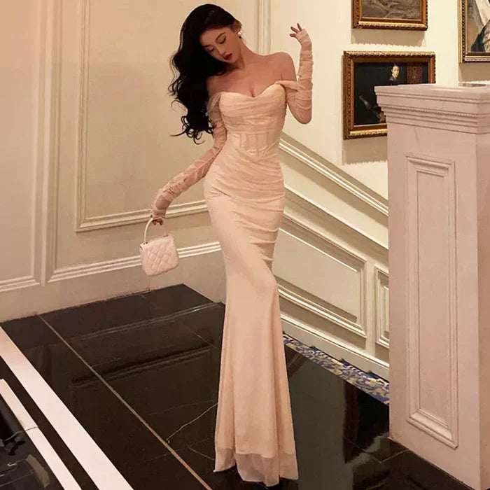Sexy Mermaid Off The Shoulder Tulle White Satin Long Prom Dress Evening Dresses