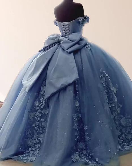 Blue Tulle Floral Flower Lace Appliques Off Shoulder Ball Gown Quinceanera Dress With Bow