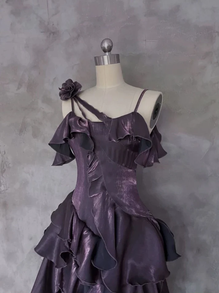 Purple Irregular Ruffle Spaghetti Straps Prom Dress Long Layered Birthday Dress Party Dress