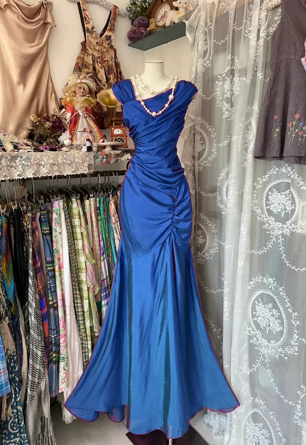 Mermaid Pleats Vintage Prom Dress Long Evening Dress