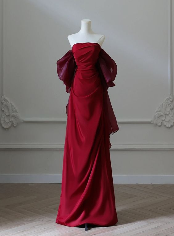 Burgundy Strapless Pleats Prom Dress Elegant Mermaid Evening Dress Wedding Party Dress