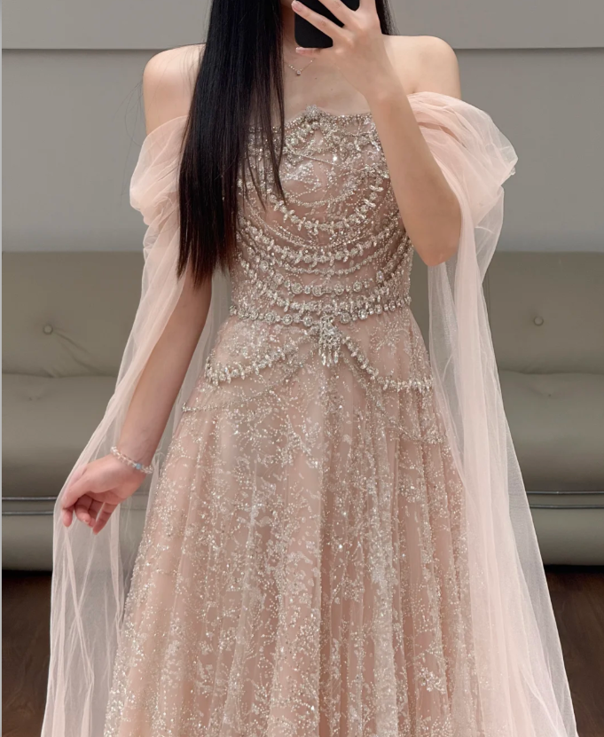 Off The Shoulder Tulle Pink Prom Party Dress Evening Dress Birthday Dress