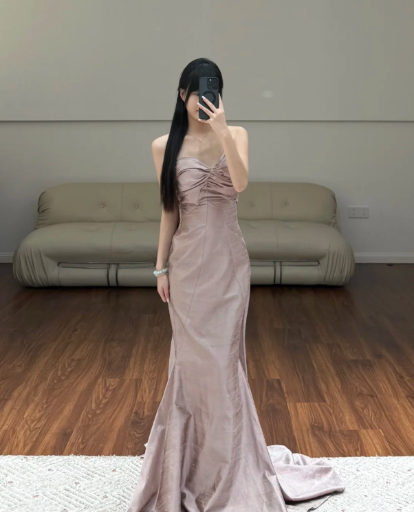 Pink Mermaid Prom Party Dress Sleeveless Evening Dress Birthday Outfit
