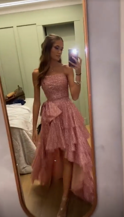 Chic Pink High Low Strapless Long Prom Dress Sequin Layered Party Gown Evening Dress
