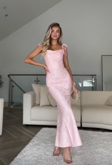 Pretty Straps Floral Print Prom Evening Gown Pink Mermaid Party Dress