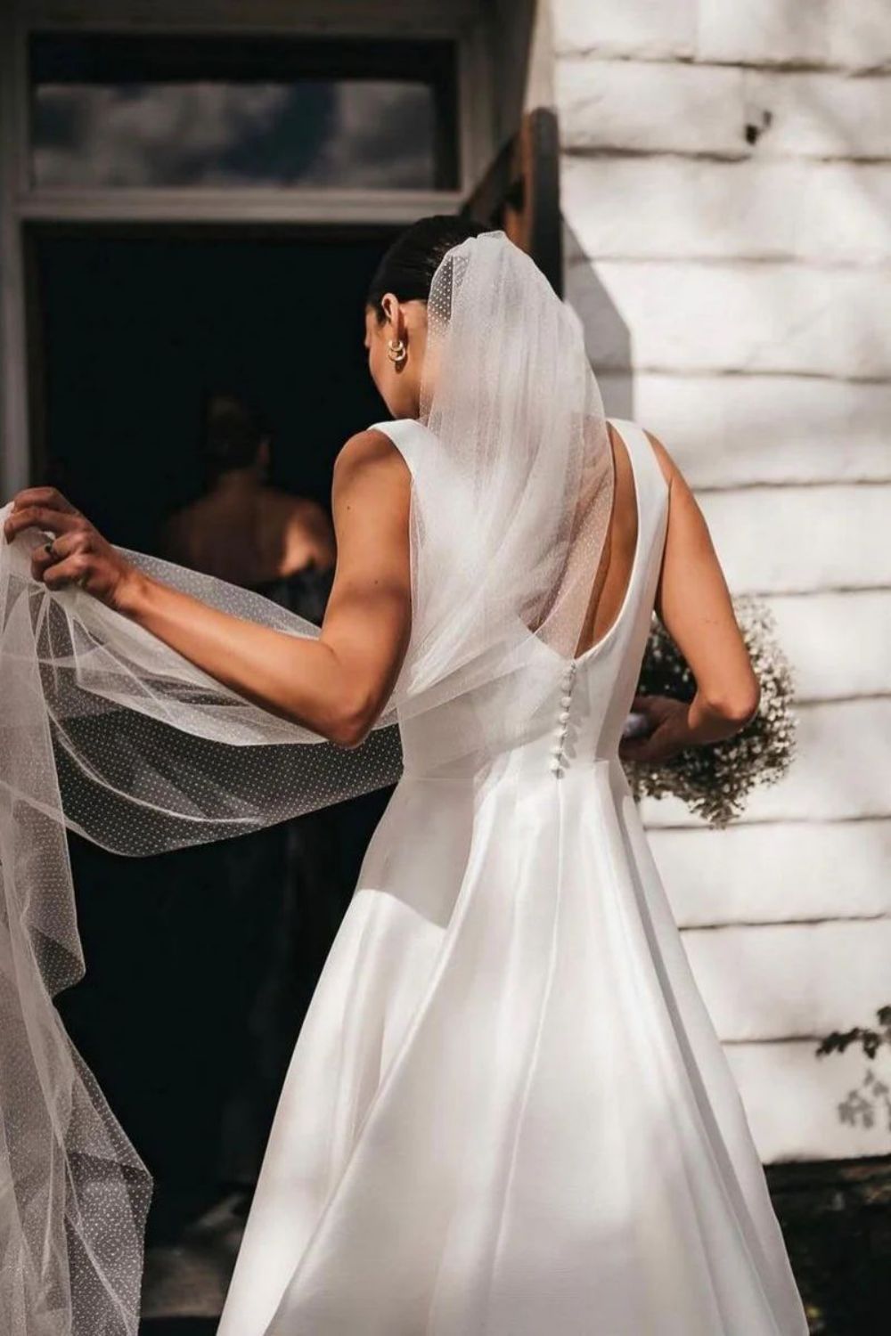 Charming A Line Square Neck White Long Wedding Dress with Button UP