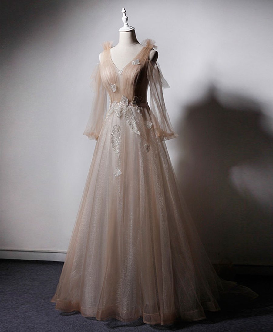 Champagne v neck tulle lace long prom dress champagne evening dress