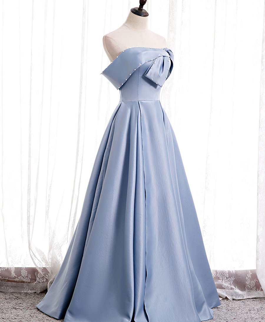 Blue satin of shoulder long prom dress blue evening dress BD80